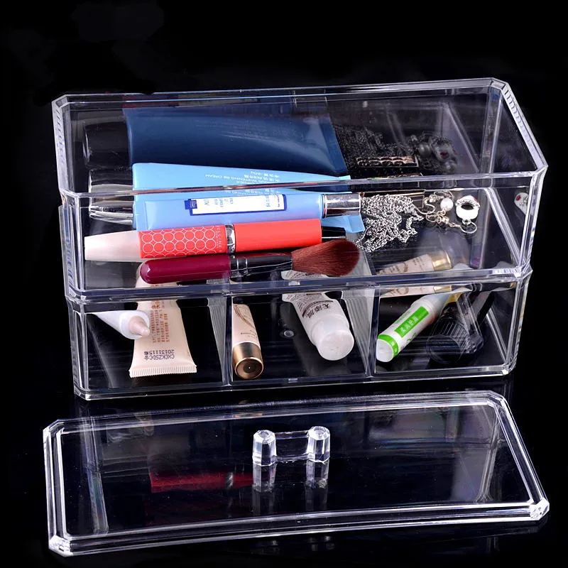 

Clear Acrylic Make Up Organizer Box Double Deck Dresser Container Case with Lid for Jewelry Cosmetic Bathroom Storage Holder