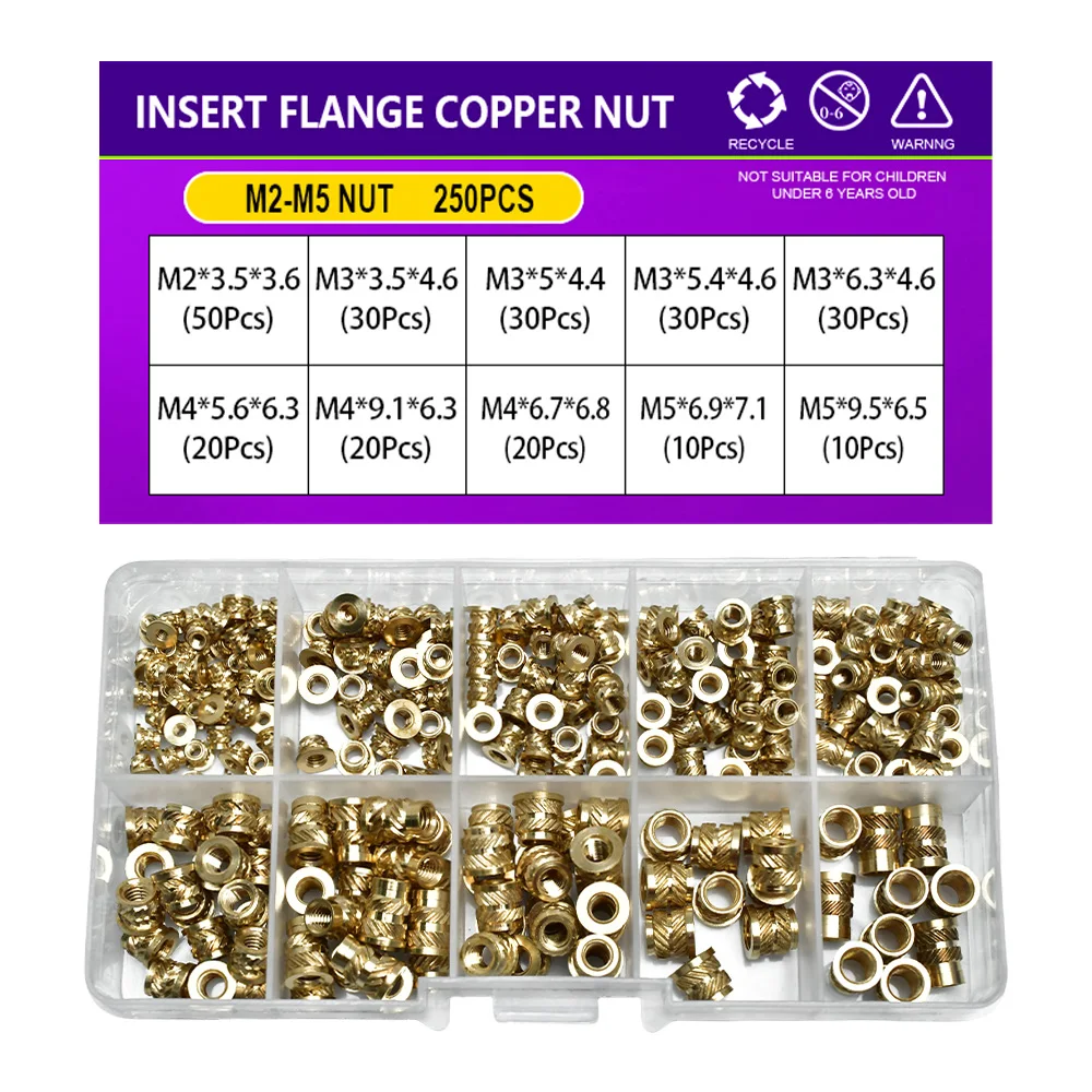 

Комплект гаек с фланцевой вставкой, латунная метрическая резьба Carlo Hot Melt Нагрев Встроенная вставка для 3D-принтера M2 M2.5 M3 M4 M5 M6M8