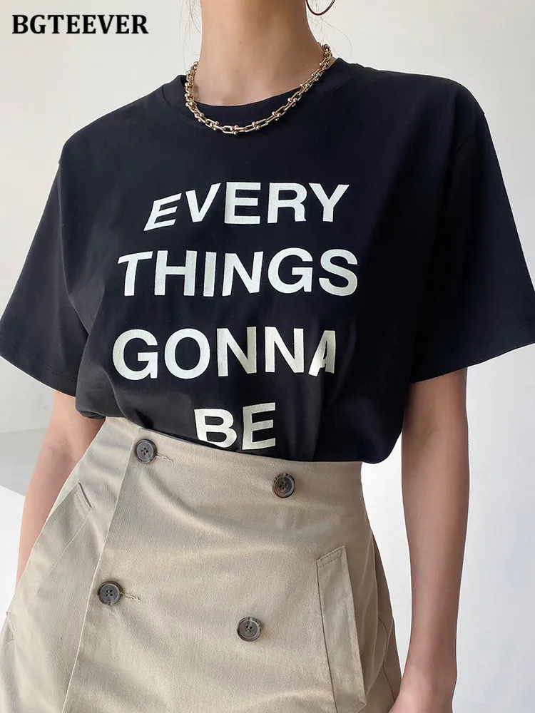 

Повседневные шикарные женские футболки BGTEEVER с буквенным принтом, свободные женские хлопковые футболки с круглым вырезом и коротким рукаво...
