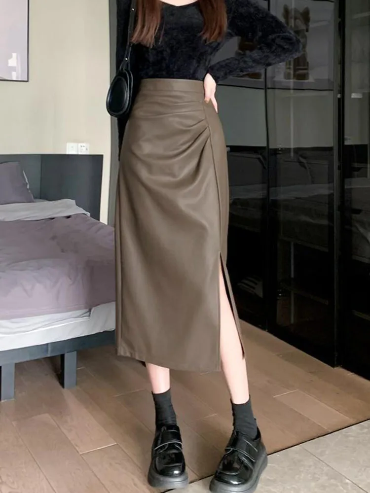 

Irregular Side Split PU Leather Skirt Women's Winter 2024 Spring Autumn New High Waist Slim Wrap Hip Half Length Skirt