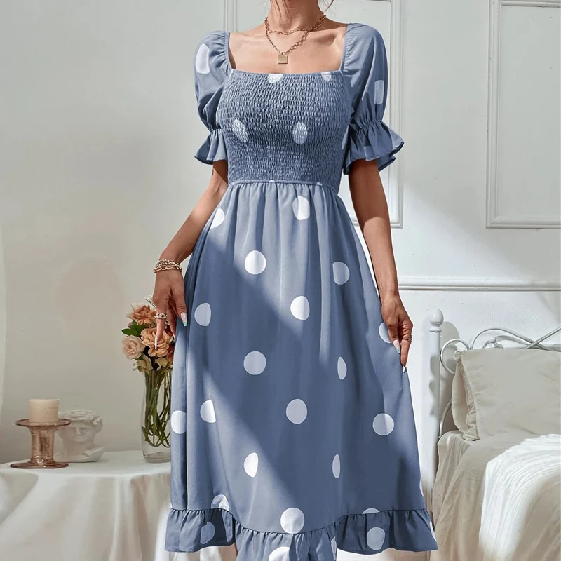 

Элегантное женское платье с пышными рукавами, летнее облегающее длинное платье-трапеция во французском стиле в горошек, женское повседневное длинное платье с квадратным вырезом, новинка 26392