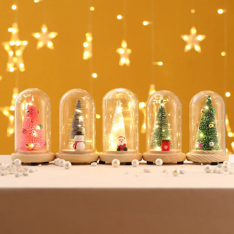 

Christmas Decorations Gifts Wooden Glass Cover Luminous Mini Christmas Tree Desktop Creative Trinkets Festive Party Supplies