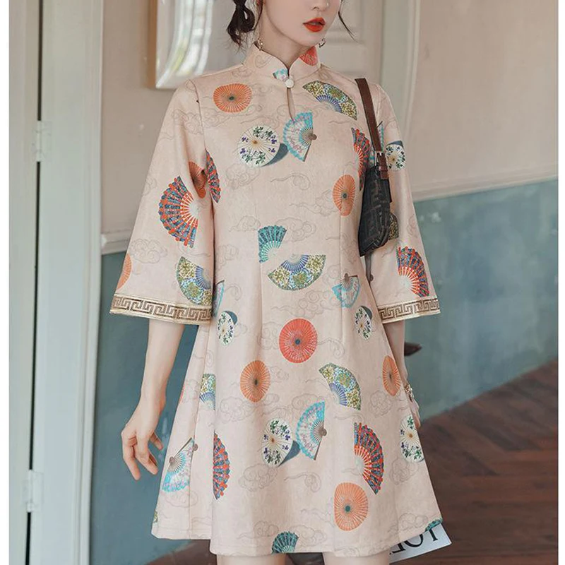 Женское винтажное платье-трапеция в китайском стиле