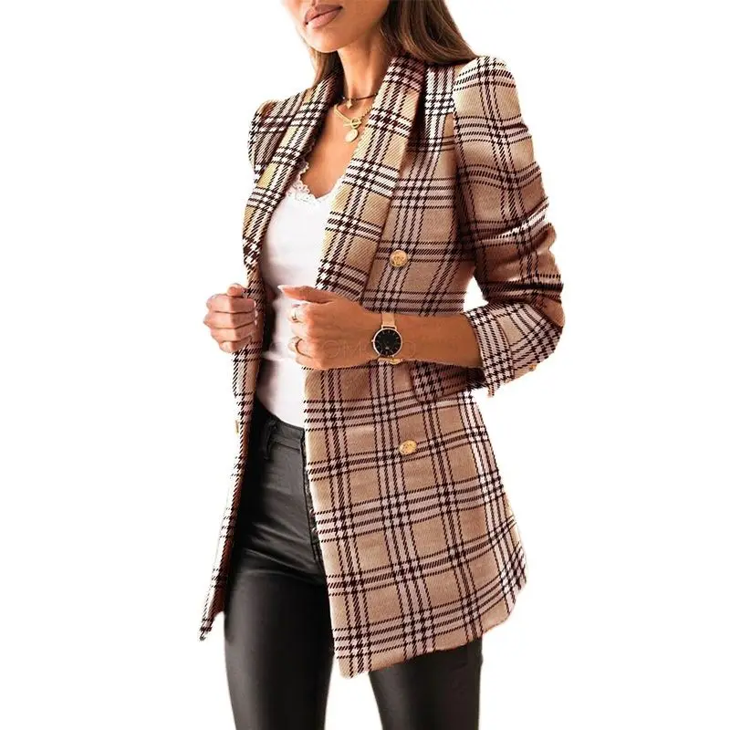 Women Winter Coat Double Breasted Plaid Printed Tweed Suit Coat Office Lady Blazer Atutumn Casual Fashion Slim Coat Jacket