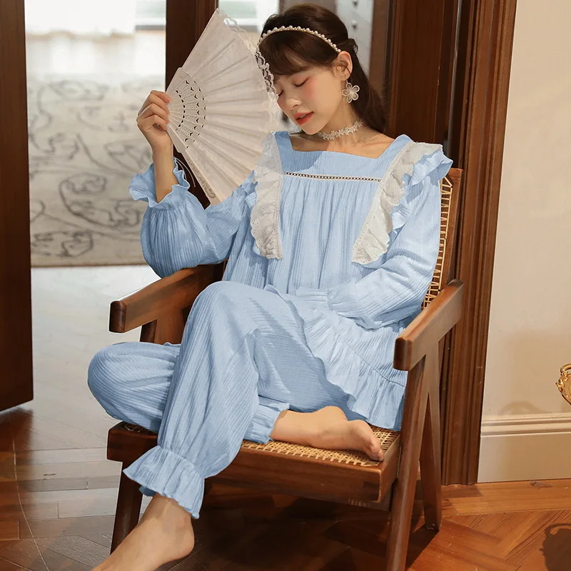 New Lace White Hearts Printed Cotton Sleepwear Texture Cotton Spring Autumn Loose Size Kawaii Pajama Young Gril Dress Pyjama