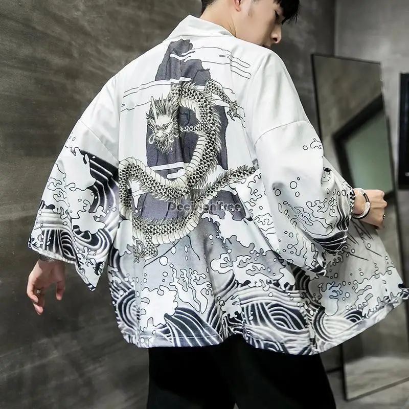 

2022 summer new chinese japan style dragon sunscreen clothing men kimono jacket hanfu improved 5XL loose men cardigan cloak q143