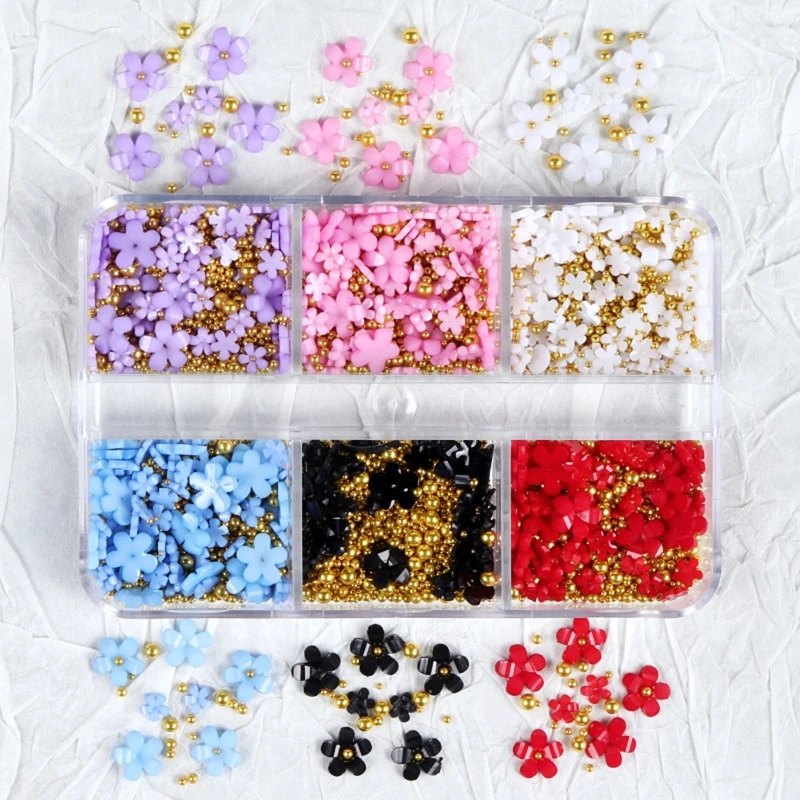 

Boxed Five Petal Flower Nail Art Jewelry 6-compartment Box Size Mixed Resin Flower Accessories Set with Gold Silver Bead