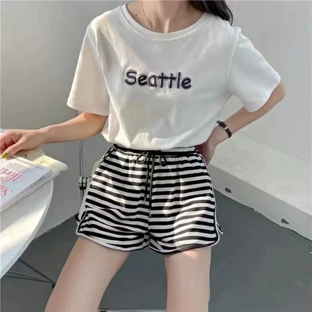 Casual Black White Striped Sports Shorts For Womens Clothing Summer Drawstring Home Shorts Yoga Loose Wide Leg Hot Pants AC362