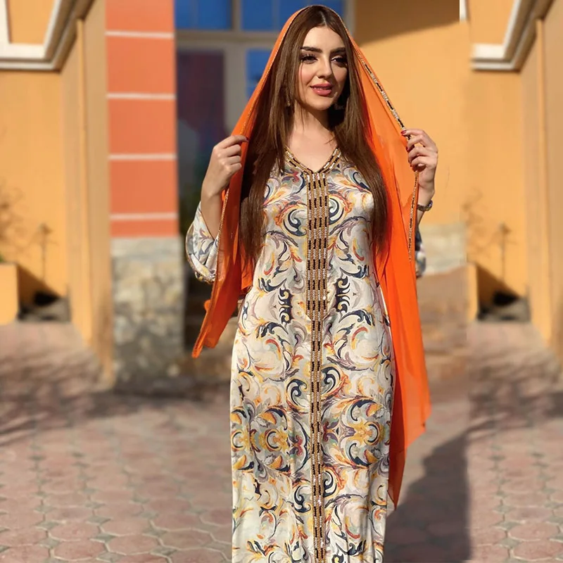 Women Spring Summer Muslim Parent-child Dress Printed Skirt Turkish Indian Abaya Arab Islamic Women Moroccan Kraftan Gown