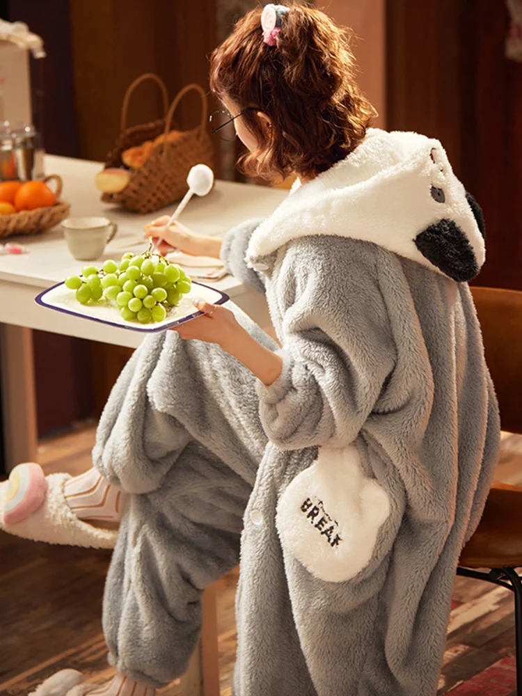 

Popular Pajamas Women's Spring, Autumn and Winter Coral Fleece Thickened Loungewear Winter Cute Flannel Suit Nightgown