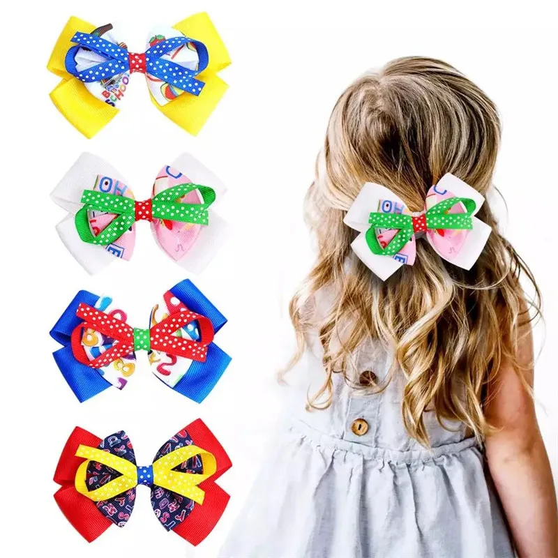 

20pcs/Lot 5inch Back To School Printed Hair Bow For Girls Grosgrain Ribbon Hairclips Kids Barrettes Headwear Hair Accessories