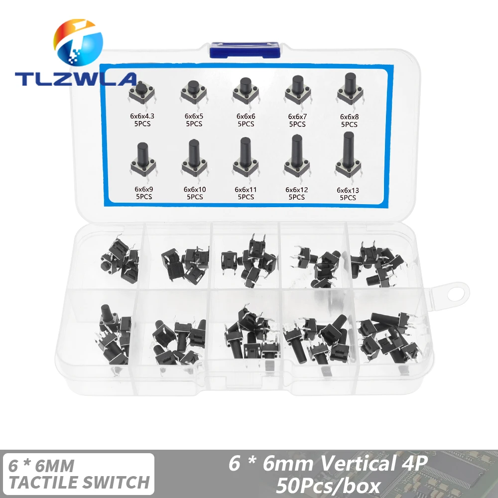 

10 моделей 6*6 Тактовый переключатель Тактильный кнопочный переключатель Комплект Высота: 4,3 5 ~ 13 мм DIP 2P/4P Микропереключатель 6x6 Ключевой переключатель