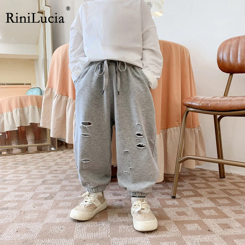 

RiniLucia Girls Boys Pants 2023 New Autumn Solid Hole Children Pants Loose Harem Pants Kids Clothes Unisex Trousers