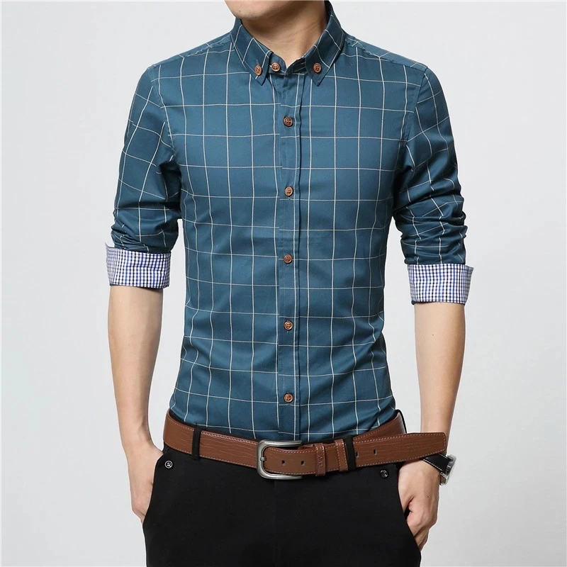 Men's plaid slim business all season long sleeve casual shirt