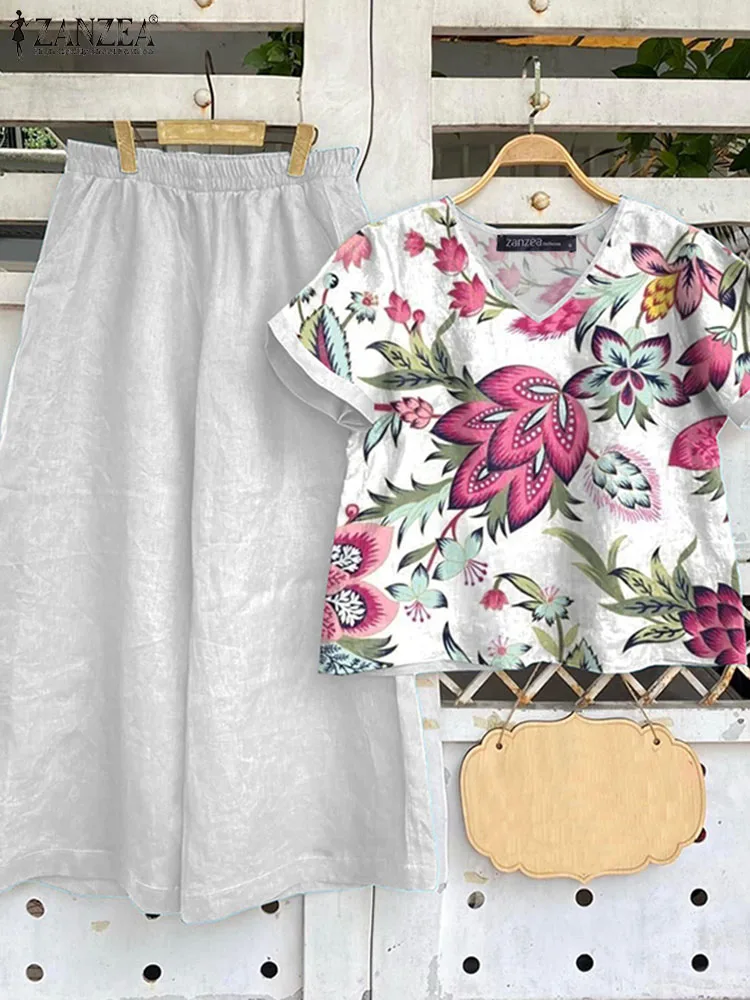 Костюм спортивный ZANZEA женский летний из блузки с коротким рукавом и широких брюк