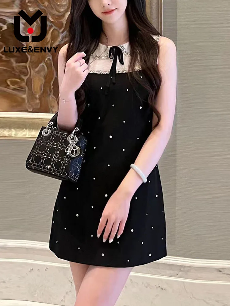 

LUXE&ENVY Black Dress Design High-grade Diamond Studded Neck Sleeveless Princess A-line Women 2023 Summer