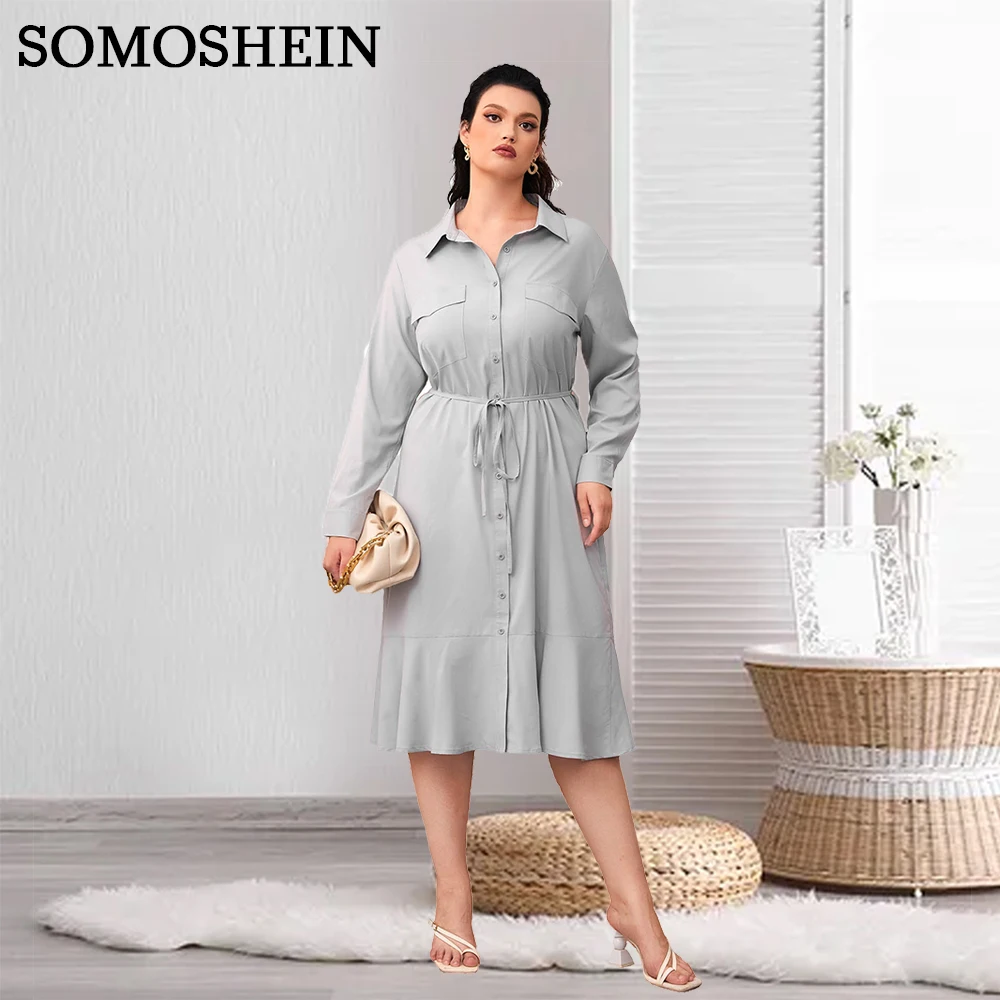 

Женская одежда SOMOSHEIN, элегантная однотонная яркая рубашка серого цвета с отложным воротником и карманом, оптовая продажа, Прямая поставка