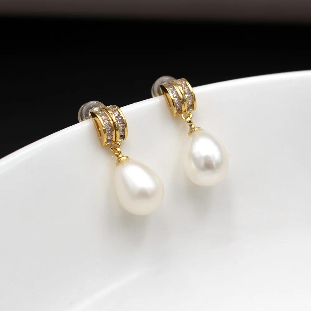 

1pair 925 Sterling Silver Pin Natural Freshwater White Pearl Drops CZ Cubic Zirconia Women Wedding Fashion Earrings Post