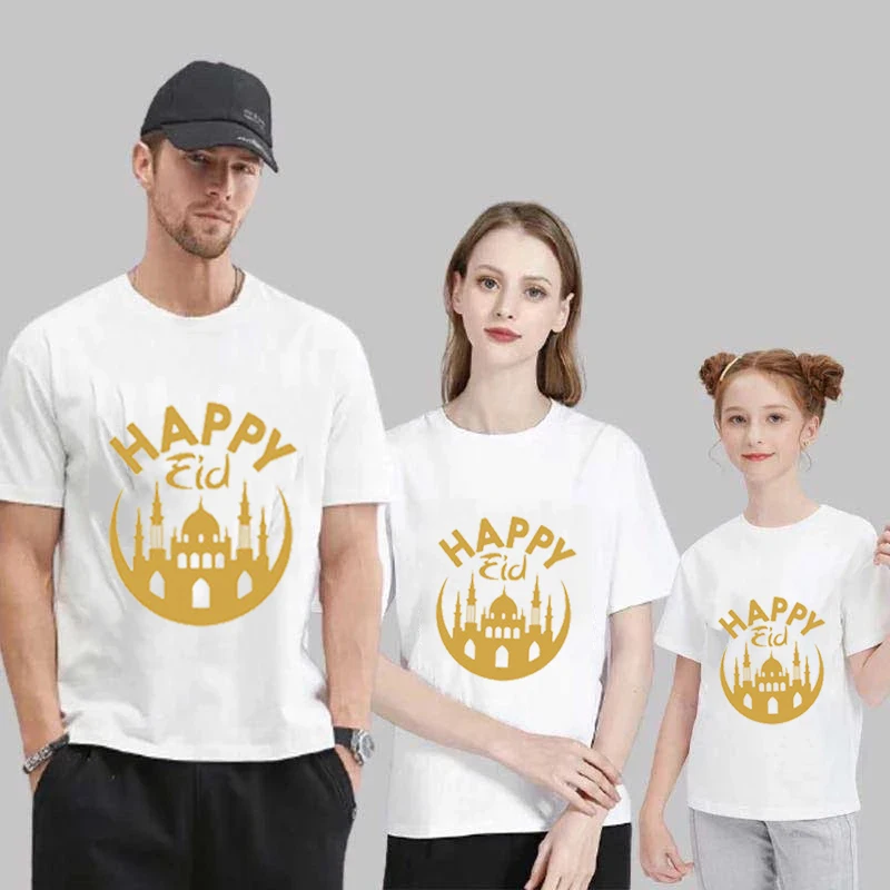 

Одежда для мамы и детей, забавные Семейные одинаковые наряды, топы с надписью Happy Eid, летние хлопковые футболки для отца, дочери, матери, сына