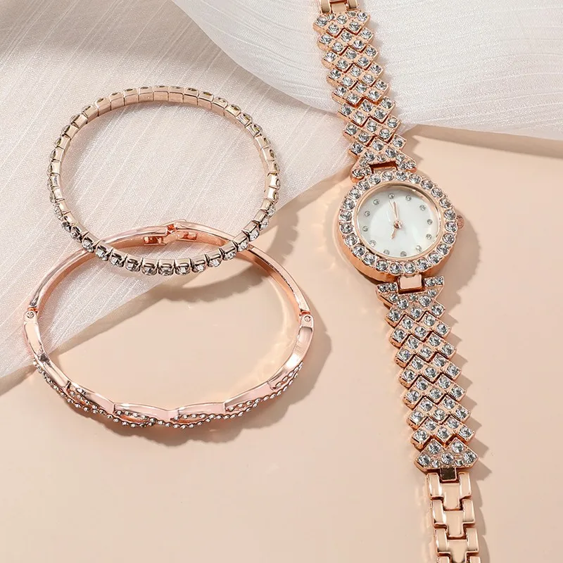 3PCS Fashion High end Small Fresh Women's Full Zircon Exquisite Watch Set Commemorative Festival Gift Gift Best Choice