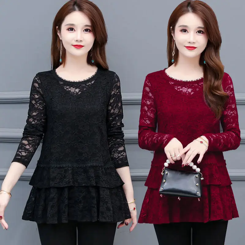 Новинка, Женская сетчатая кружевная рубашка с длинным рукавом и принтом в стиле пэчворк, осенняя Женская Винтажная футболка, Женский универсальный топ G414