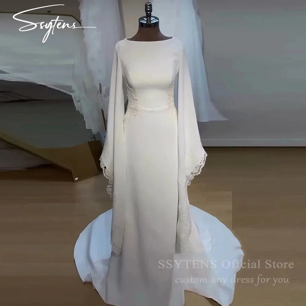 Фото Скромные свадебные платья SSYTENS с длинными рукавами, в стиле бохо, с круглым вырезом, с аппликациями, мусульманские свадебные платья, индивидуальный пошив, Vestidos De Novia №1