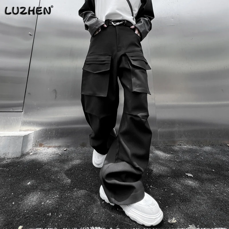 

LUZHEN Stylish Loose Solid Color Many Pockets Niche Design Men Casual Cargo Pants 2023 Trendy Wide Leg Straight Trousers Eca33d