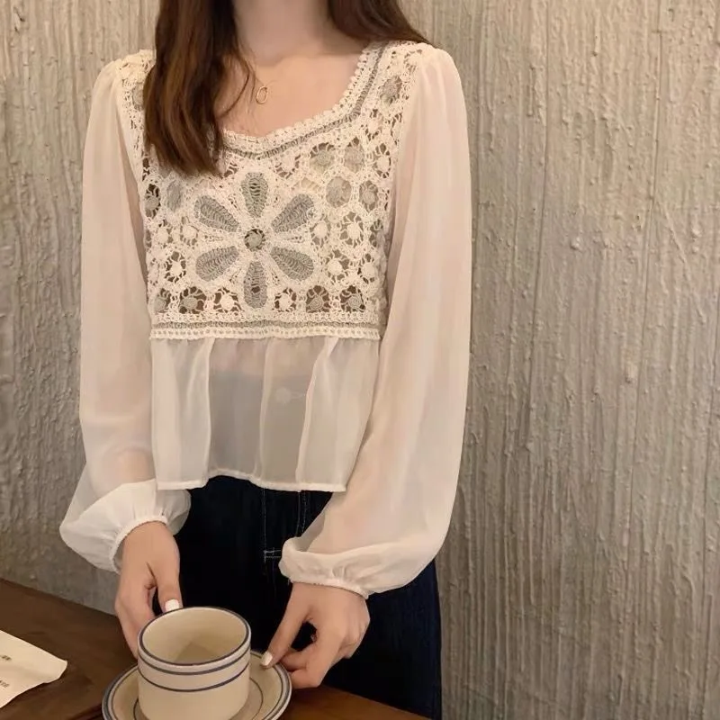 Женская шифоновая куртка без подкладки с длинным рукавом и кружевом - купить по