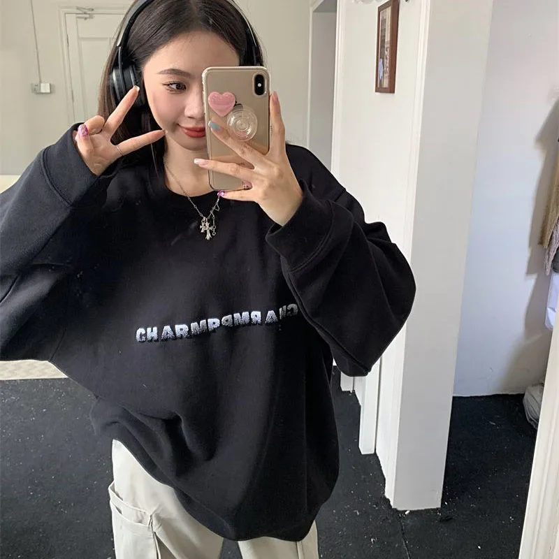 

Lucyever Letter Embroidered Sweatshirts Women Harajuku Hip Hop Loose Hoodie Pullover Woman 2023 Autumn Winter Vintage Sweatshirt
