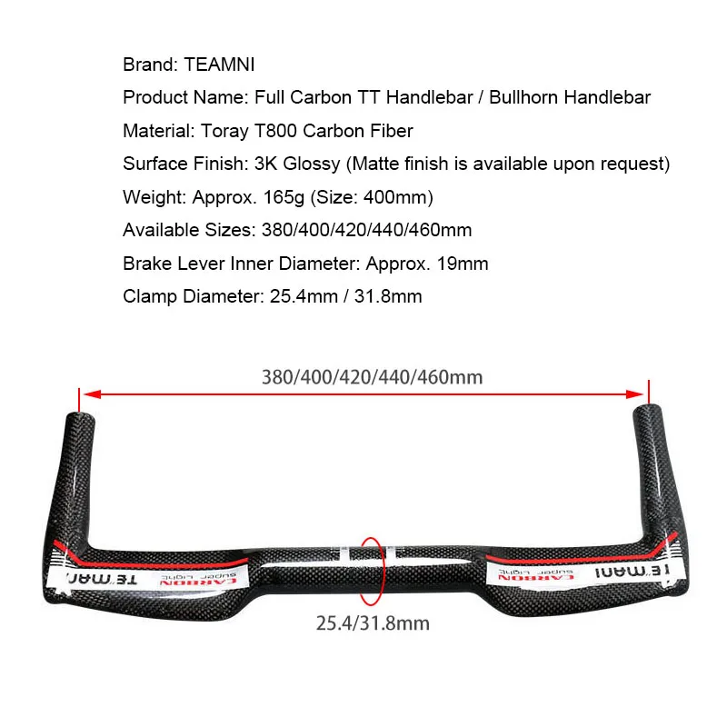 Фото Руль TEMANI Carbon Aero TT Bullhorn для шоссейного велосипеда, сверхлегкий, для фикс-гир, для гонок, запчасти и аксессуары для модернизации №2