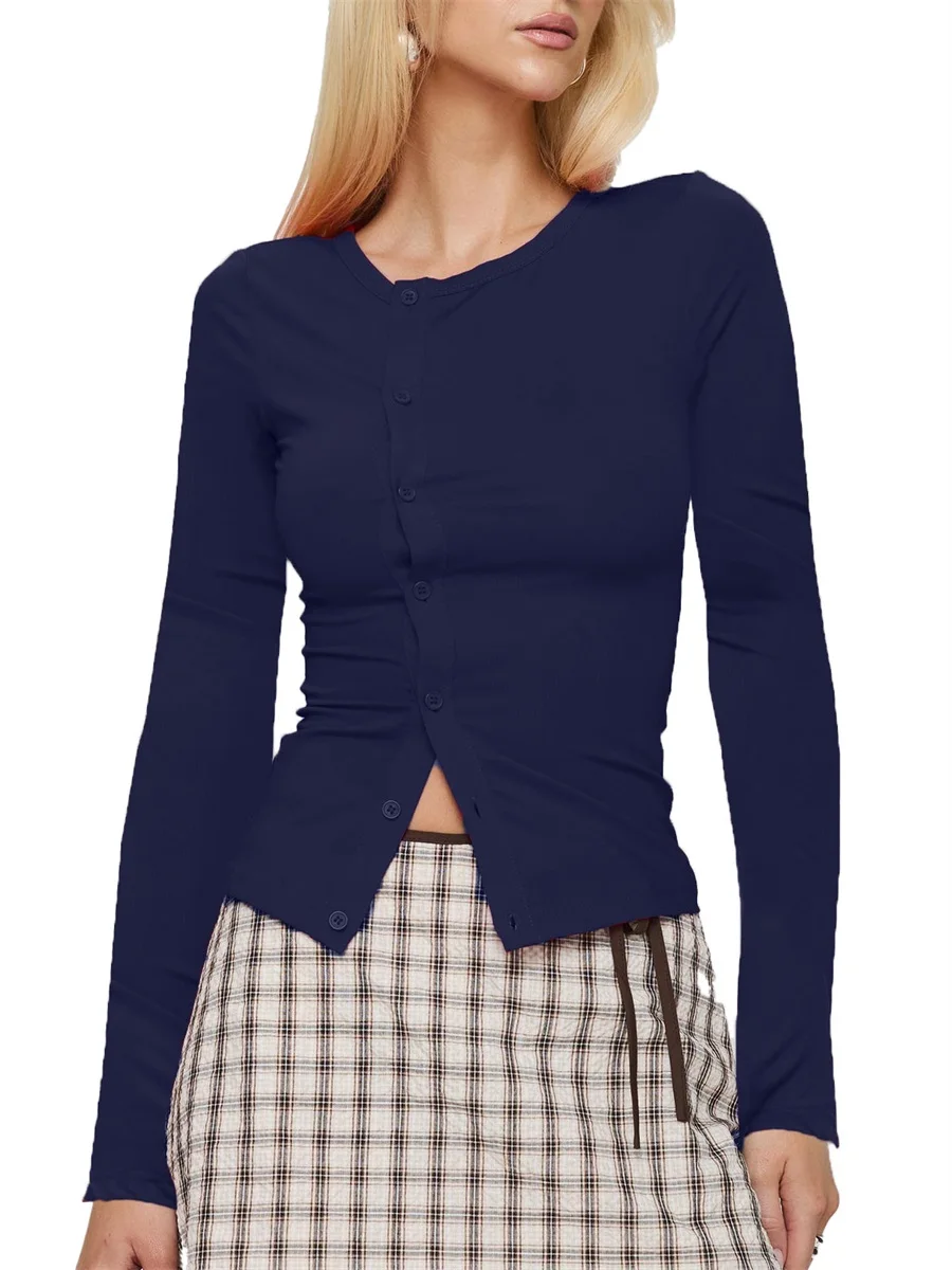 2024 ранняя осень женская узкая рубашка модный однотонный кардиган с круглым