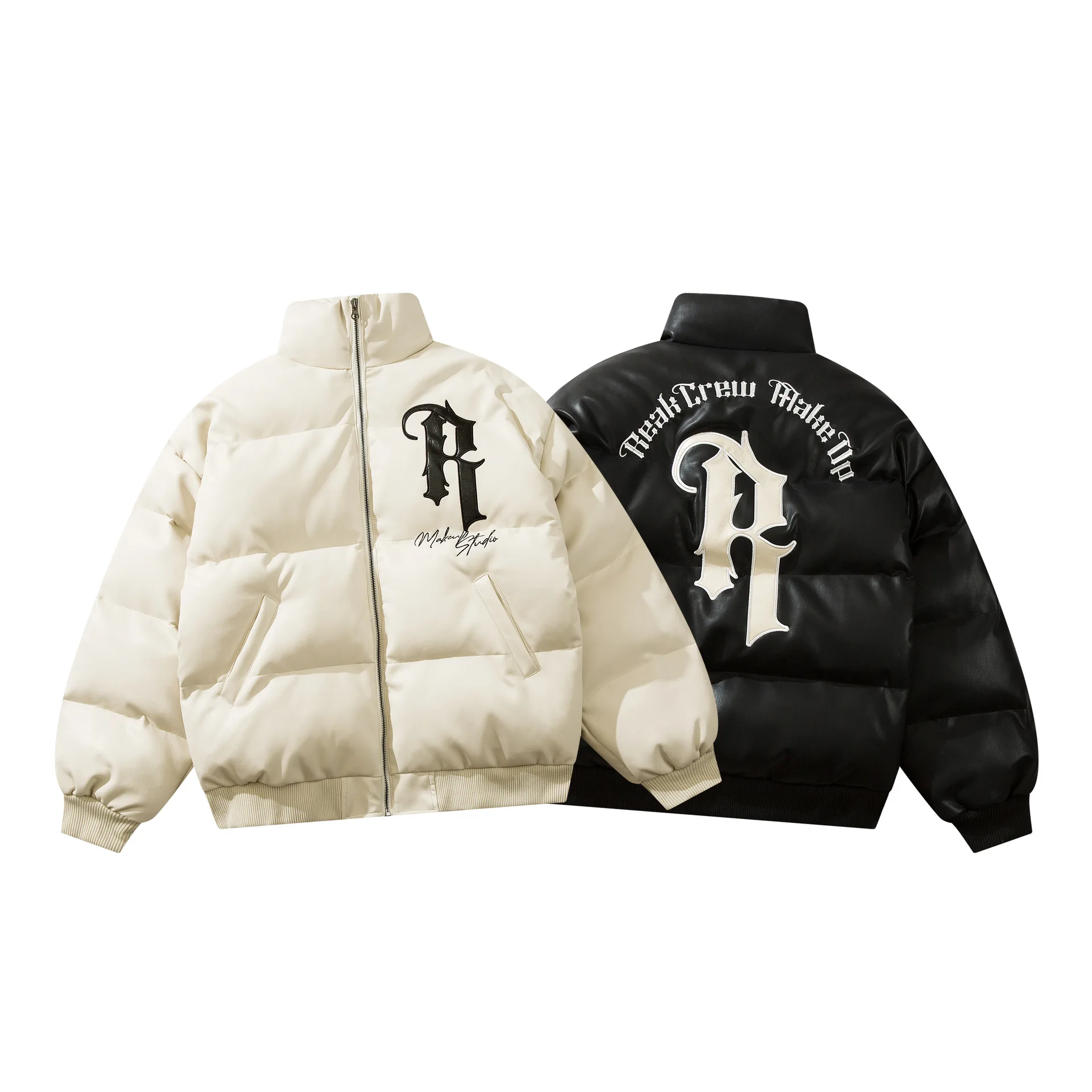 Hip Hop style Winter Leather Parkas Jackets Streetwear Embroidery Letter Thicken Warm Padded Coats Harajuku Puffer Outwear