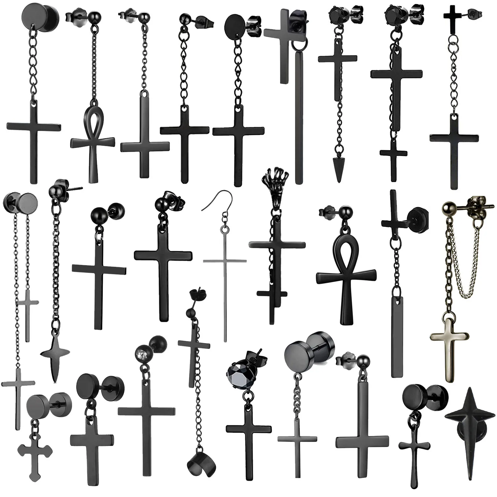 1PC Панк Черный Серебряный Несколько Наклонных Стальных Сережек Мужчины Женщины Готический Крест Круглый Уличный Поп Хип-Хоп украшение для прокалывания ушей.