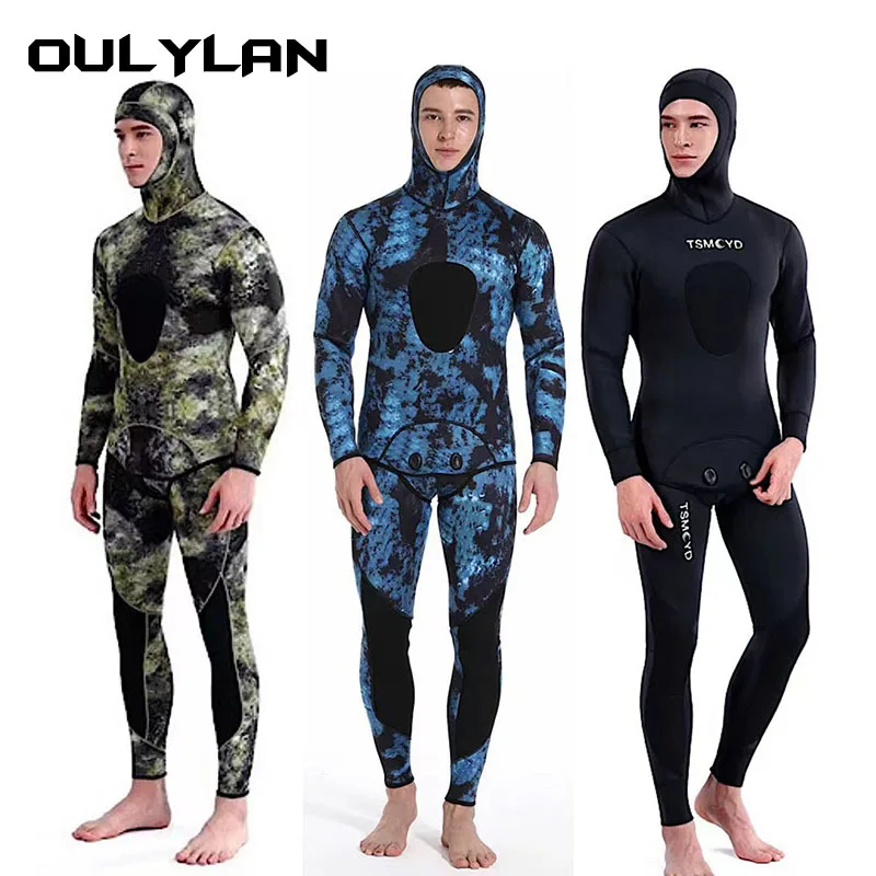 

OULYAN гидрокостюм 3 мм с длинным рукавом Камуфляжный неопреновый Разделитель с капюшоном 2 штуки для мужчин сохраняющий тепло водонепроницаемый купальный костюм для дайвинга Su