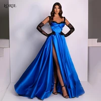 lorie klein blue evening dresses side slit dubai a line celebrity party gowns arabia beadings satin mono prom graduation dress