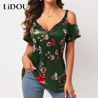 summer street style floral print diamonds strap oversized casual t shirt top female sexy off shoulder low cut loose tee women