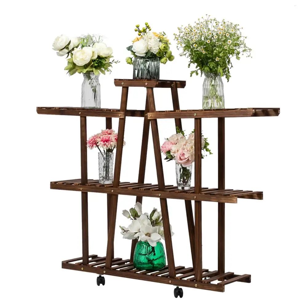 

3-layer Wooden Plant Shelves Rack Display Shelf Indoor Outdoor Yard Garden Patio Balcony Flower Planter Pot Stands with Wheels