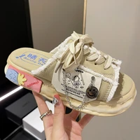 summer women slippers sweet creative canvas chains smiley clogs fashion lace up platform chunky indoor home slides flip flops 35
