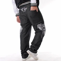 hot sale new straight baggy jeans loose hip hop jeans men printed hip hop embroidered skull casual skateboard denim trousers