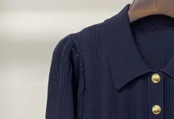 

2022 New Long Sleeve Women Turn Down Collar Knitted Mini Dress Pleated Slim Ladies Short Robes With Half Open Buttons Knitwear