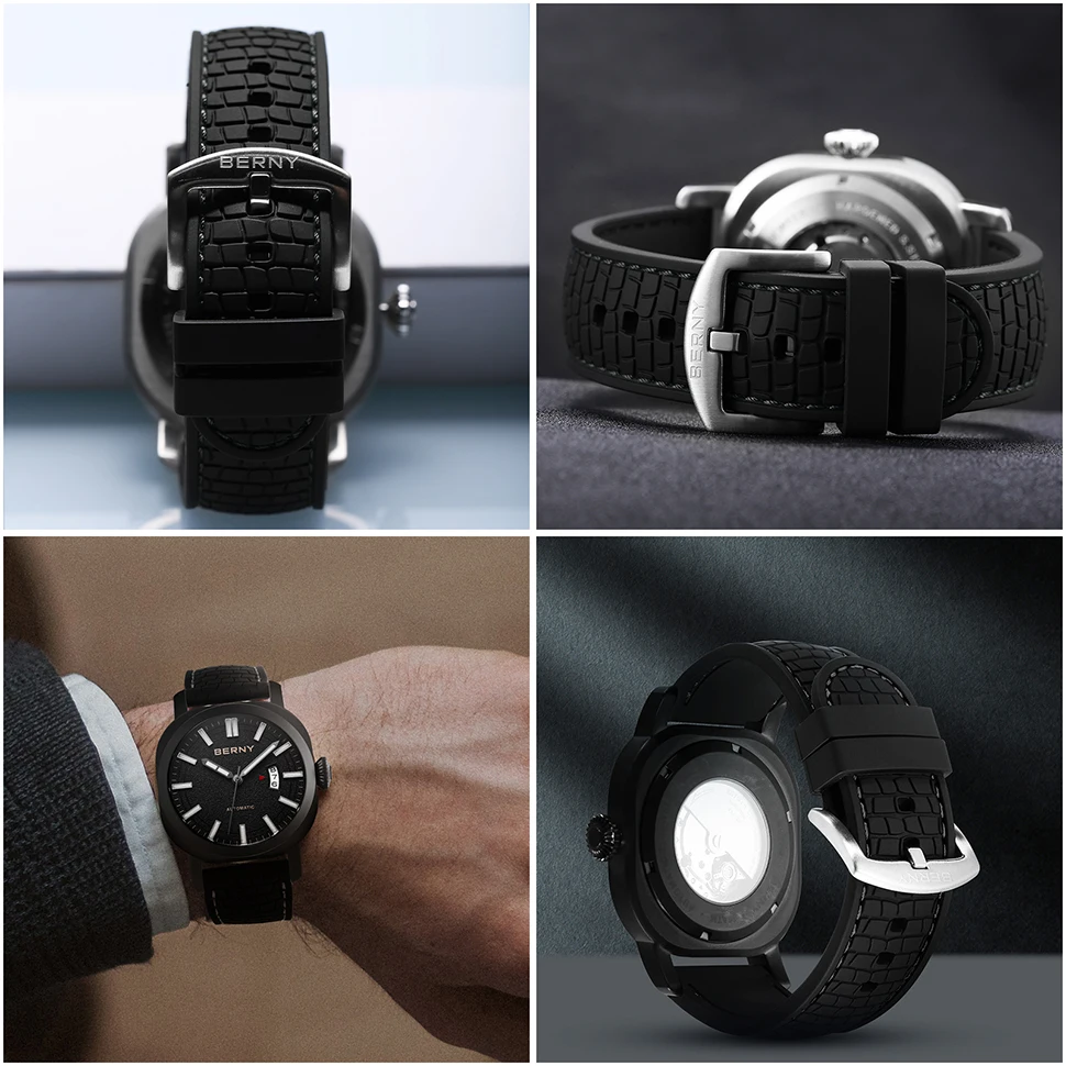 BERNY Silicone Strap Watchbands 20/22mm Black Tyre Pattern Softy Silicone Watch replace Band Skin Breathable Watch Accessories