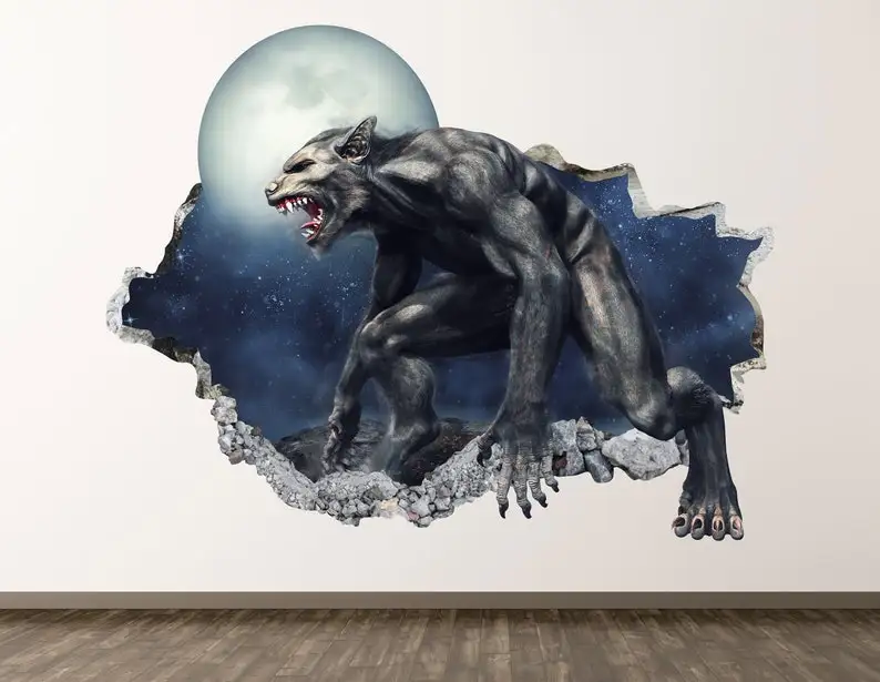 

Werewolf Wall Decal - Fantasy Creature 3D Smashed Wall Art Sticker Kids Room Decor Vinyl Home Poster Custom Gift KD531