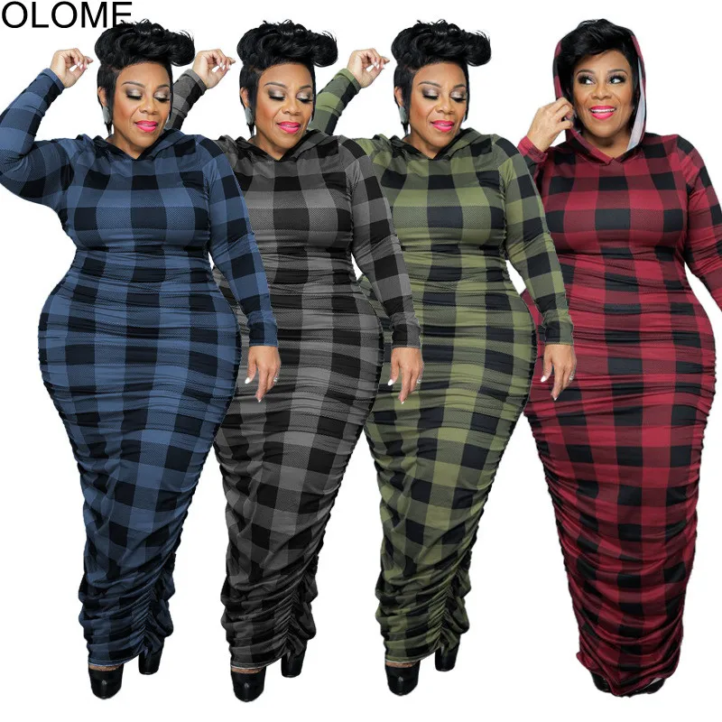 

2022 Autumn New Plaid Printing Hooded Women Casual Dress Big Size 5XL Long Sleeves Fashion Female Party Dresses Ankle Length