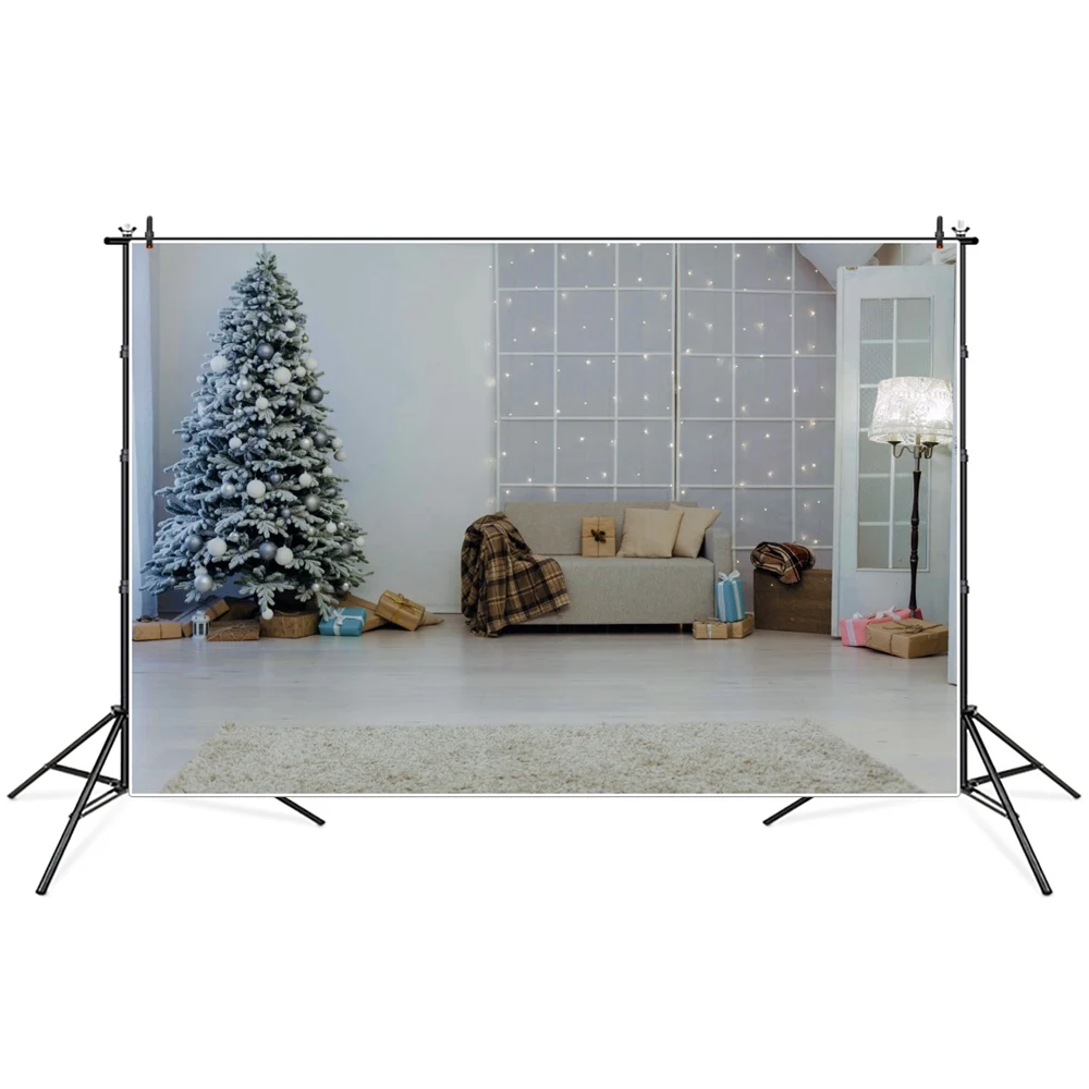 

Фон для фотосъемки с изображением рождественской елки подарков полосок освещения экрана интерьера
