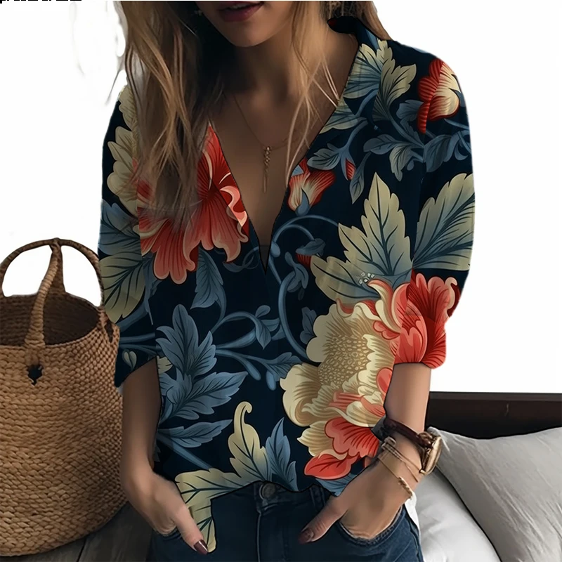 

Новая женская рубашка с 3D принтом пиона, женская рубашка в стиле ретро, женские рубашки, модные трендовые и свободные женские рубашки Lyrum