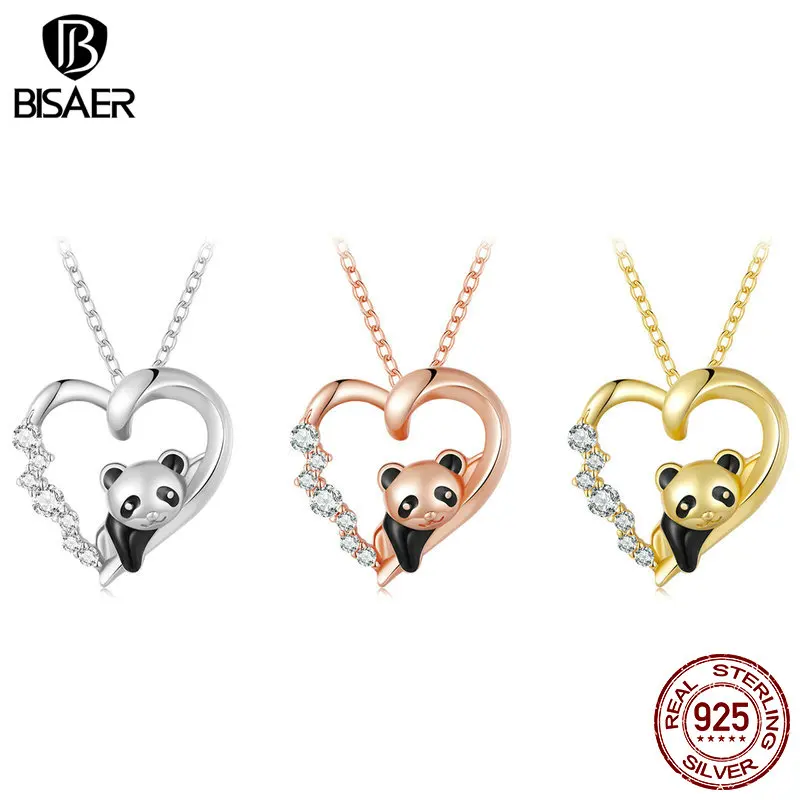 

BISAER Authentic 925 Sterling Silver Panda Baby Pendant Necklace 3 Colors Adjustable Box Chain For Women Party Fine Jewelry Gift