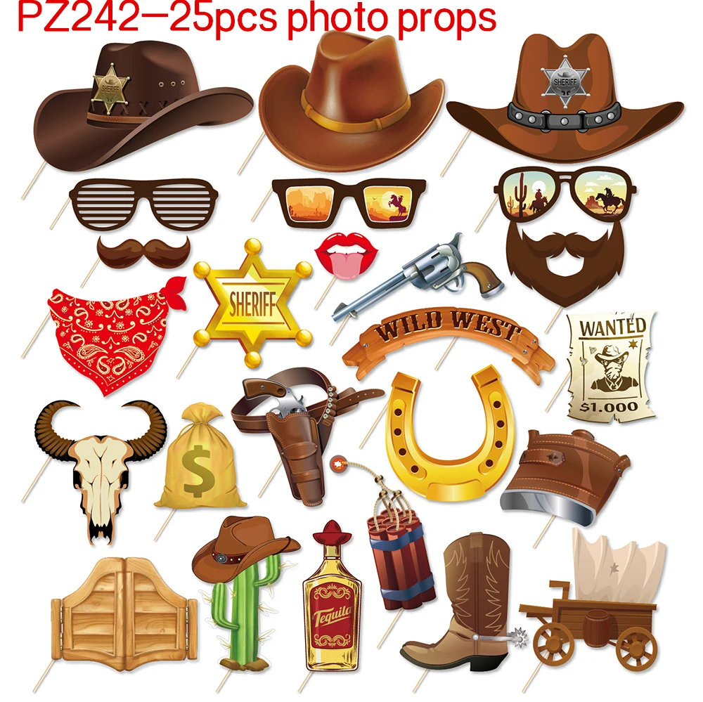 

25pcs Wild West Cowboy Party BIRTHDAY Party Photobooth Prop Photo Prop Sheriff Bullfighting Game Kids Baby Shower Party Supplies