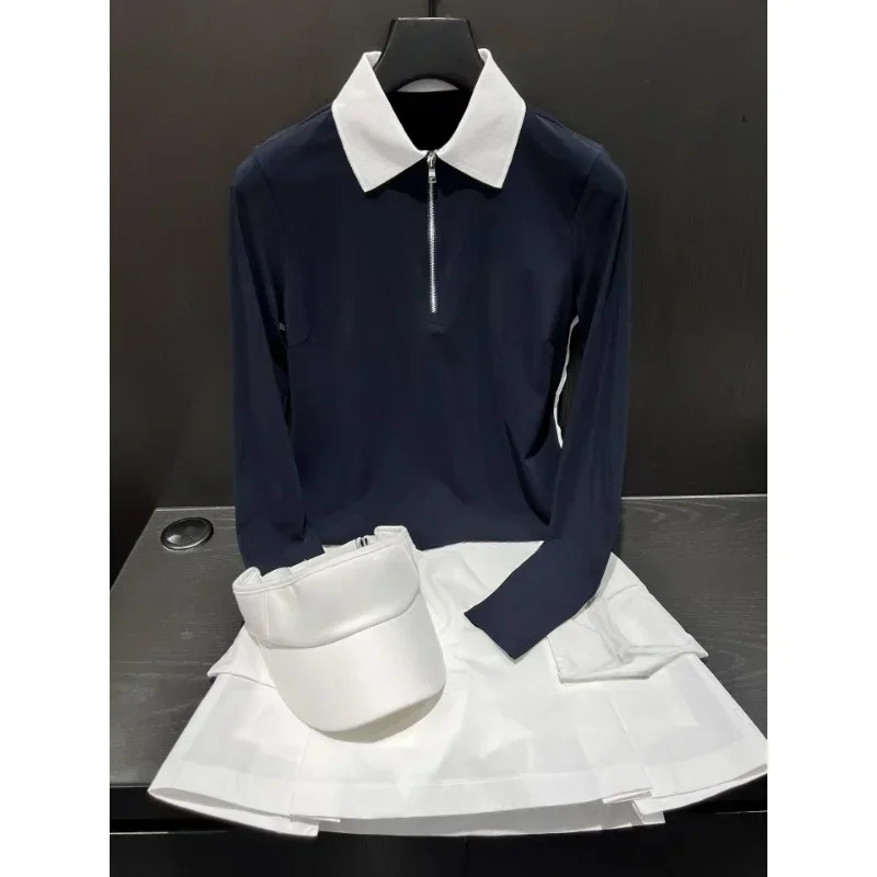 Женский Тонкий Топ с длинным рукавом отложным воротником и молнией