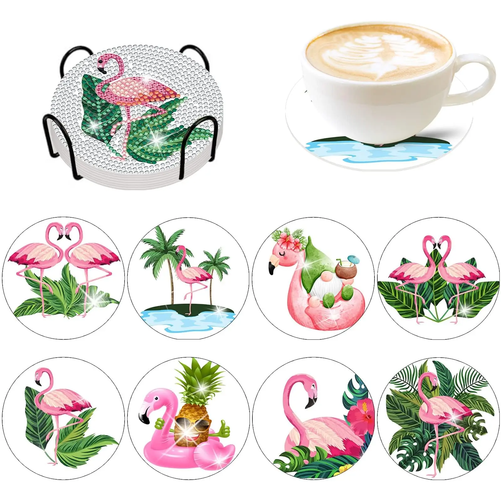 

8 Pcs Summer Flamingo Diamond Painting Coasters with Holder DIY Summer Flamingo Diamond Art CoastersAcrylic Round Cup Coaster