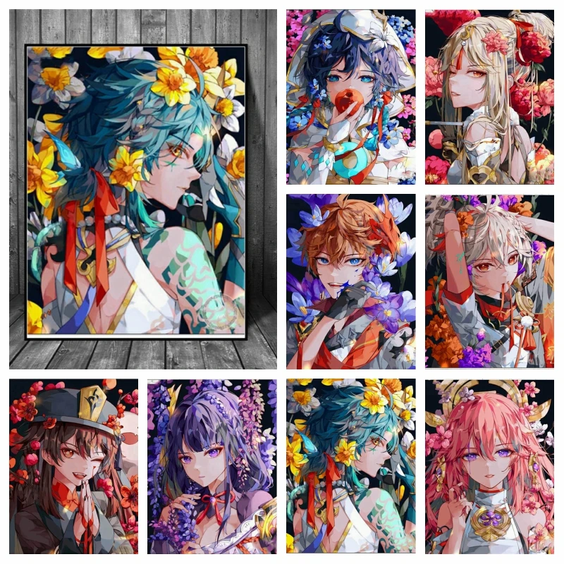 Video Game Genshin Impact Anime Diamond Painting Xiao And Zhongli Character Poster Kids Gift Mosaic Cross Stitch Kit Room Decor